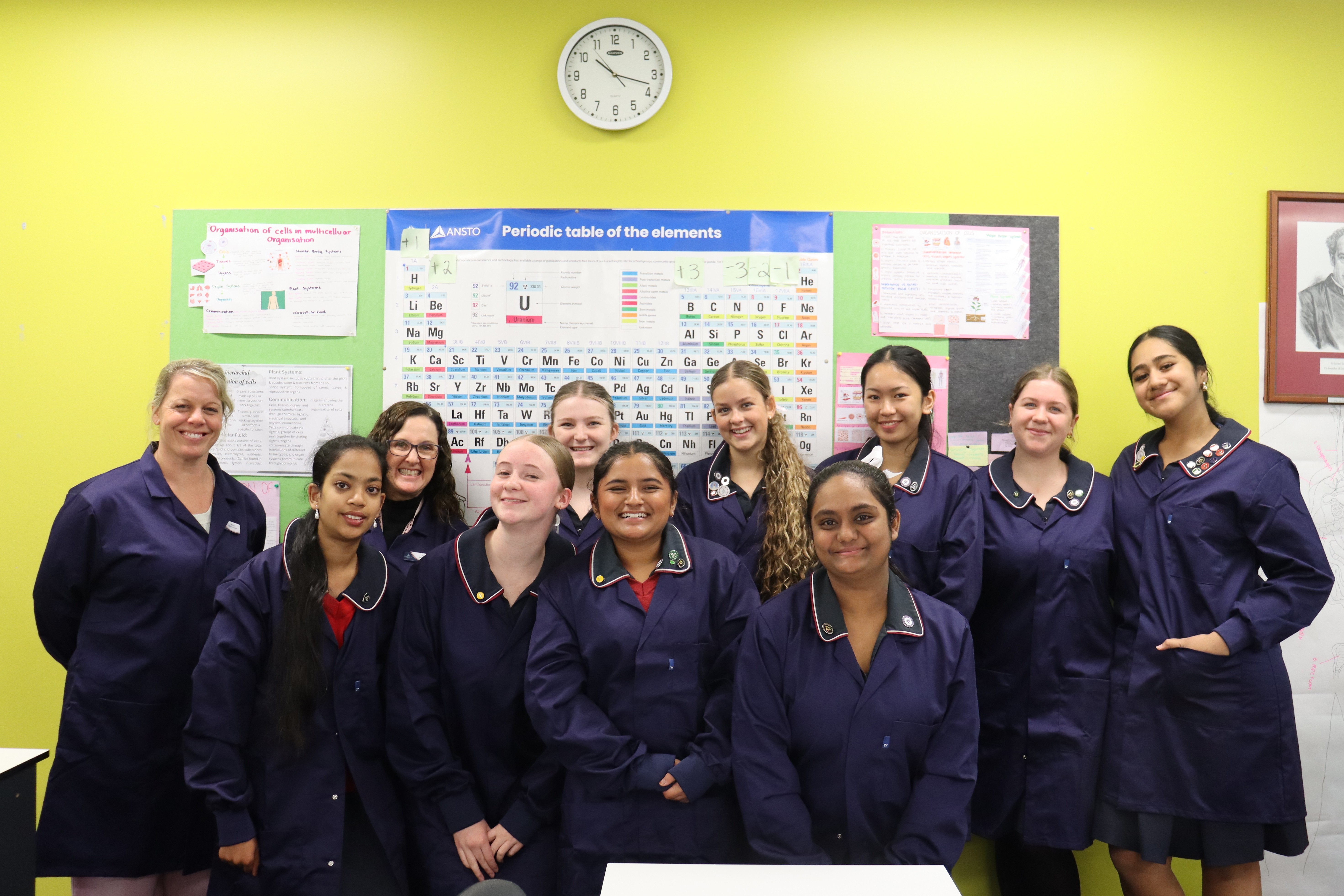 Group of students and a teacher wearing science lab coats standing together in a classroom with a periodic table on the wall