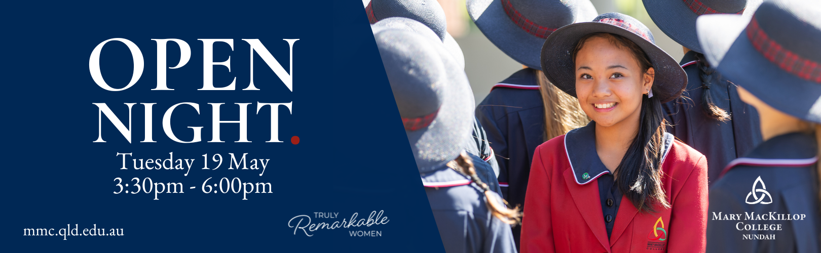 Open Night banner showing a student in Mary MacKillop College uniform with event details Tuesday 19 May 3:30pm to 6:00pm and college branding