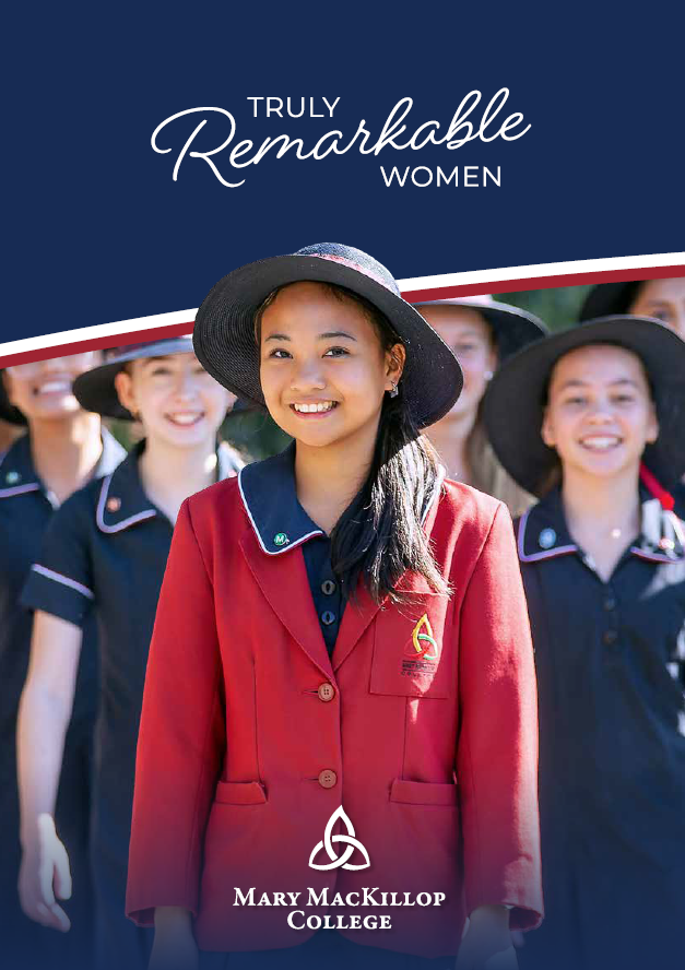 Truly Remarkable Women banner showing a student in Mary MacKillop College uniform standing in front of other students