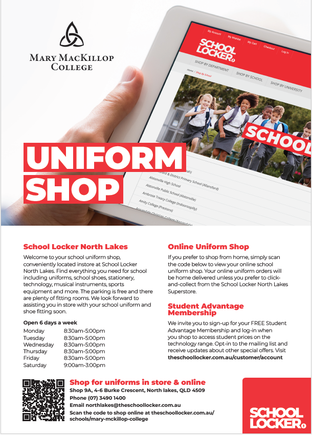 Mary MacKillop College Uniform Shop information poster showing a tablet with the School Locker website and details for shop locations and hours